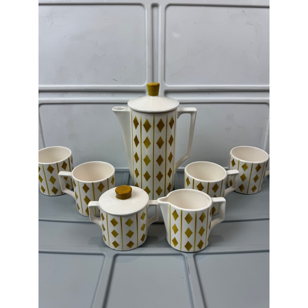 VTG Royal Sealy Harlequin Diamond Coffee Tea Set White Mustard MCM Ceramic 9pc